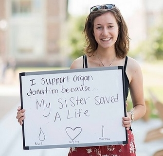 Sara holding a sign supporting organ donation